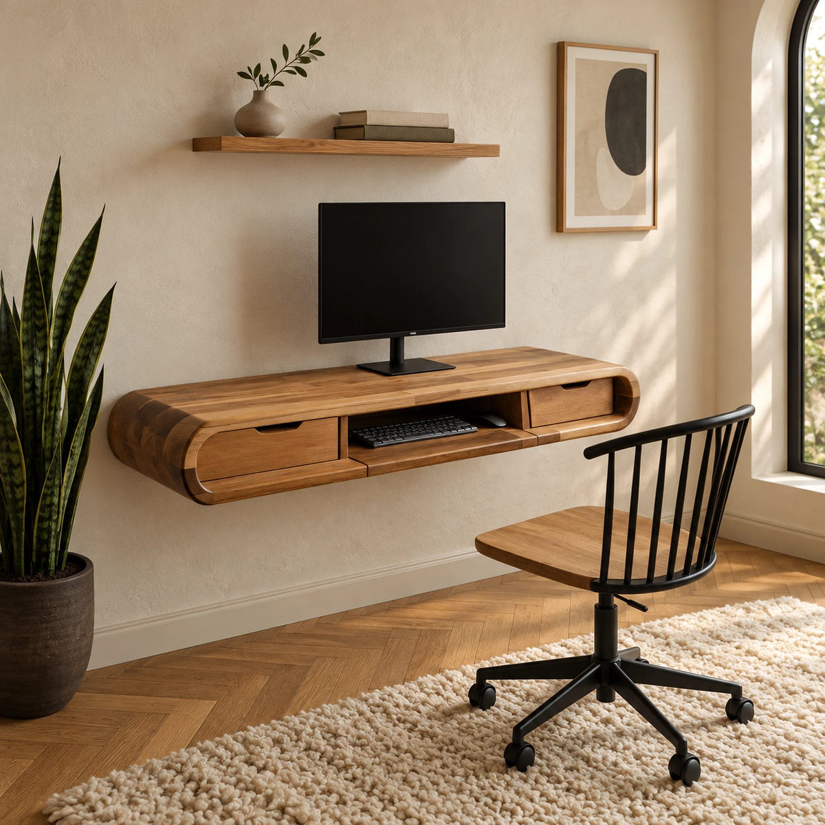 Mid Century Rounded Floating Desk With Keyboard Shelf For Bedroom