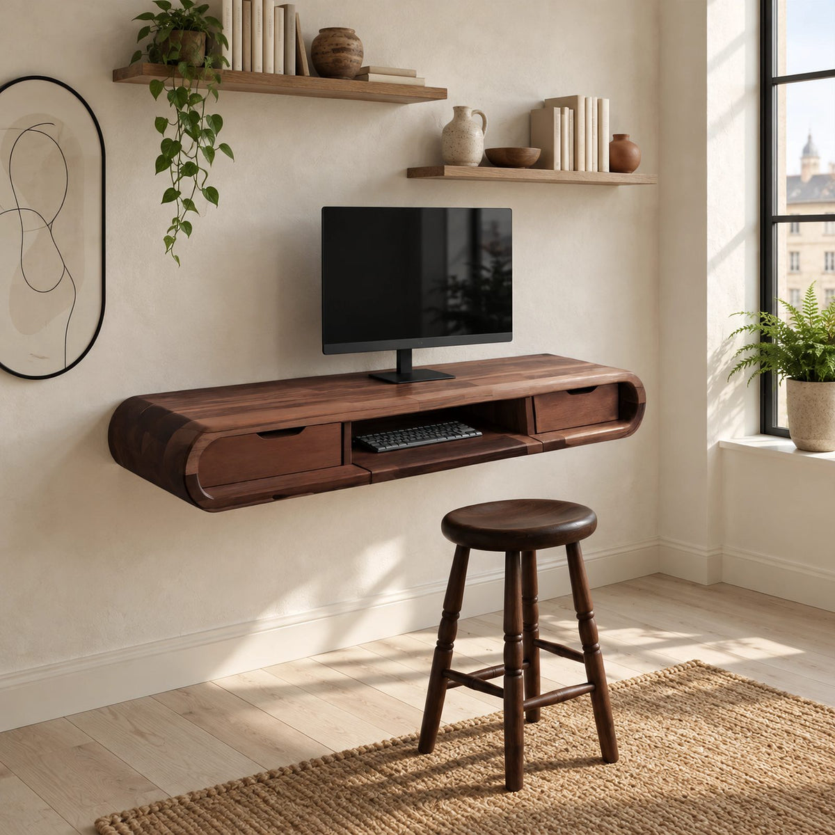 Mid Century Rounded Floating Desk With Keyboard Shelf For Bedroom