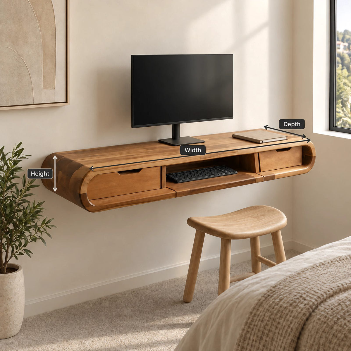 Mid Century Rounded Floating Desk With Keyboard Shelf For Bedroom