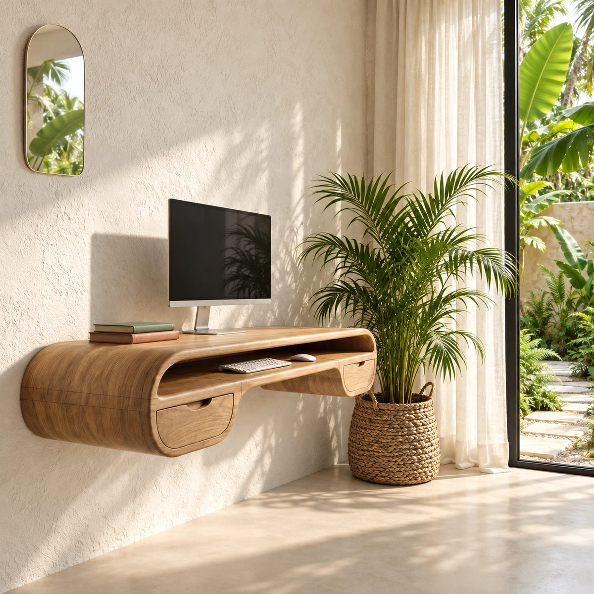 Retro Curved Wooden Floating Desk With 2 Drawers For Home Office