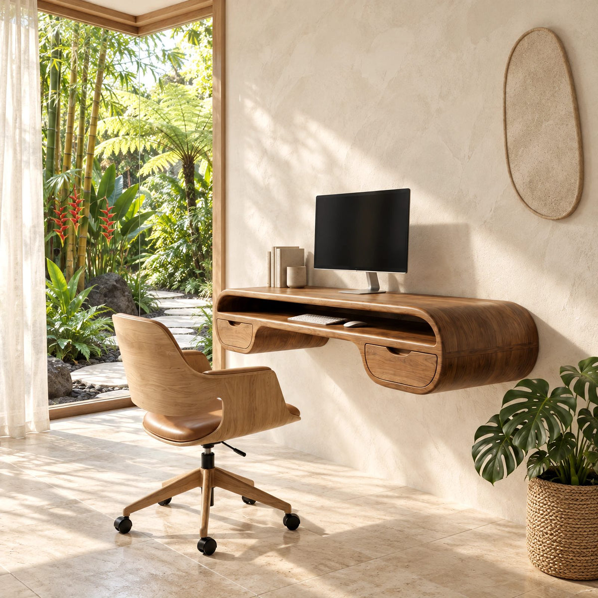 Retro Curved Wooden Floating Desk With 2 Drawers For Home Office
