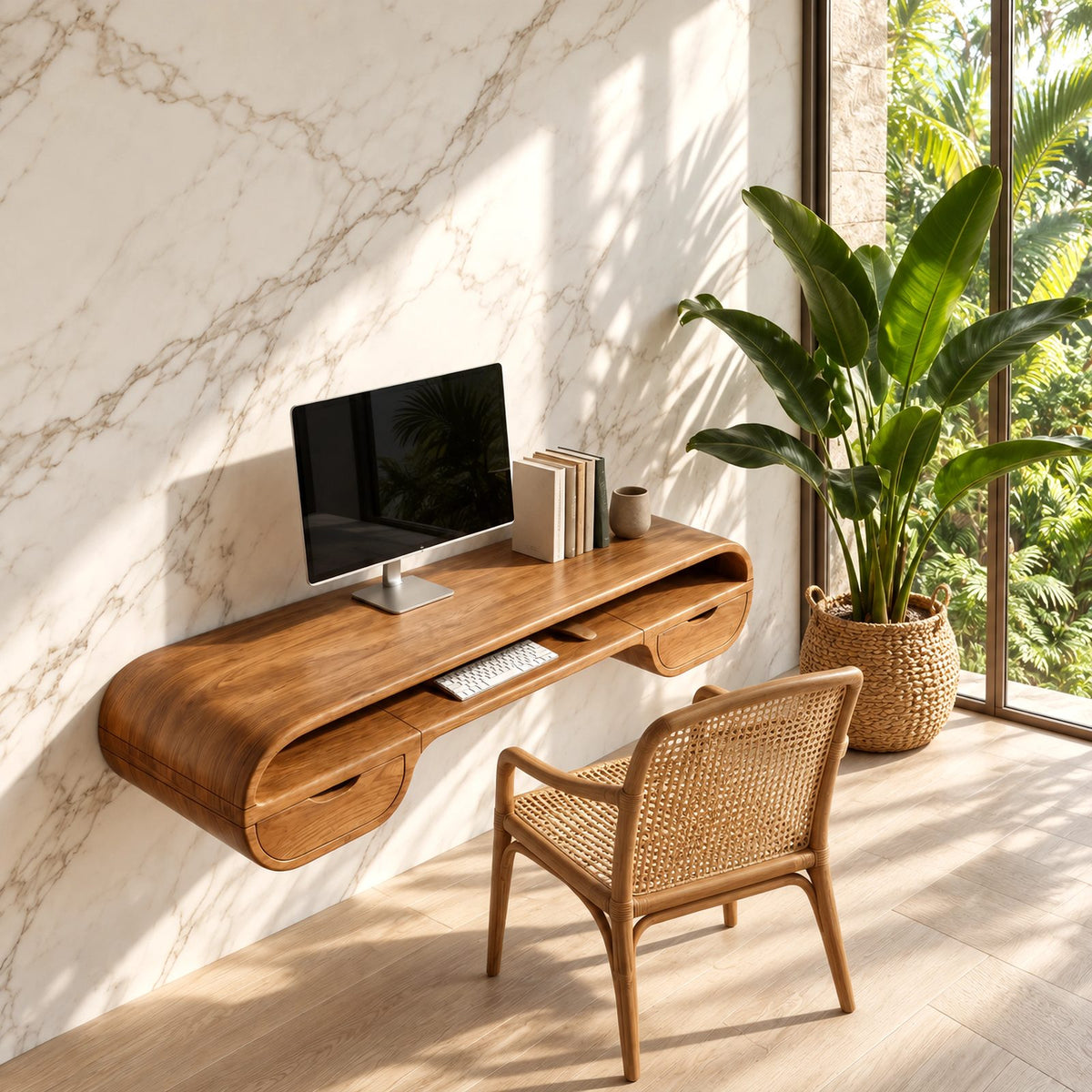 Retro Curved Wooden Floating Desk With 2 Drawers For Home Office