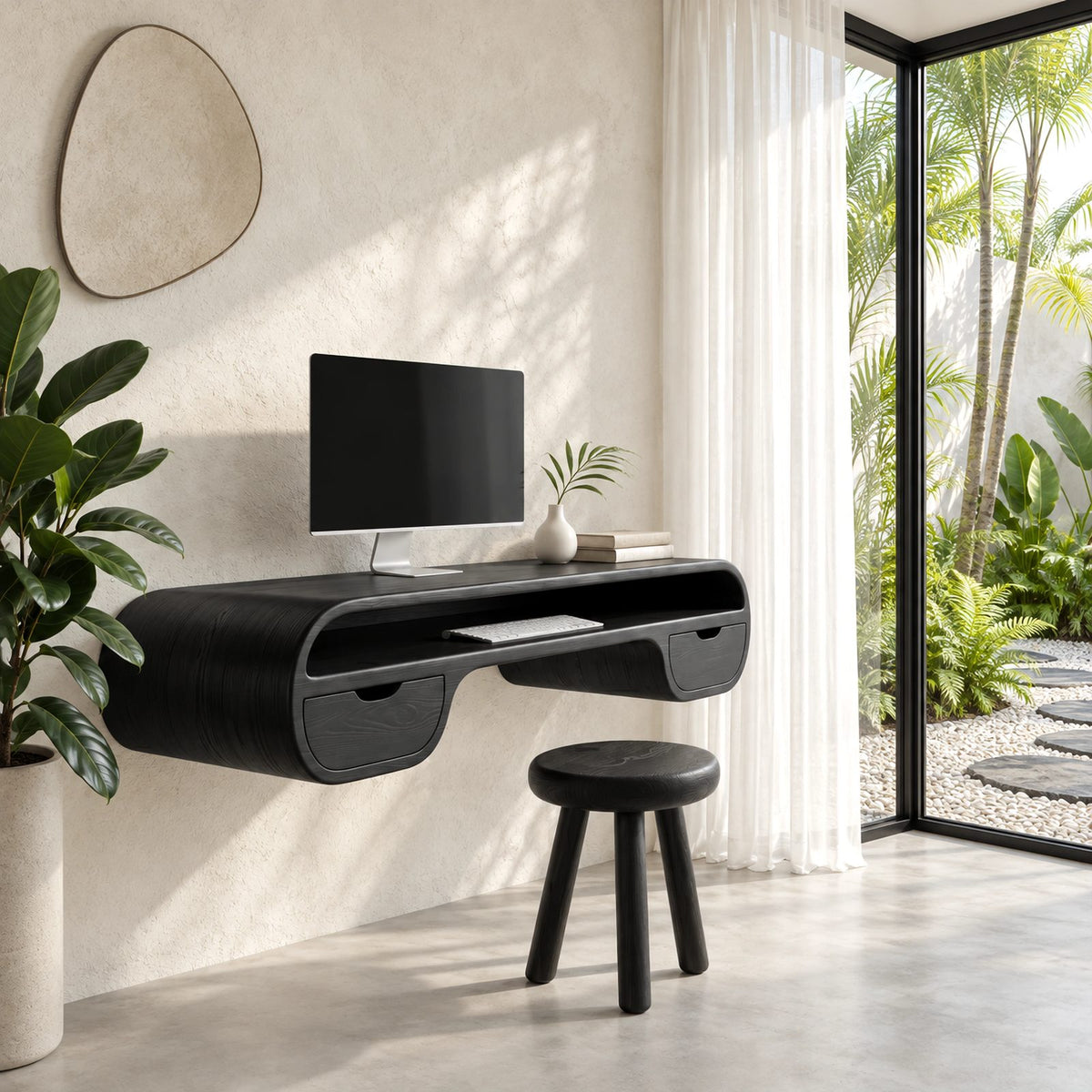 Retro Curved Wooden Floating Desk With 2 Drawers For Home Office