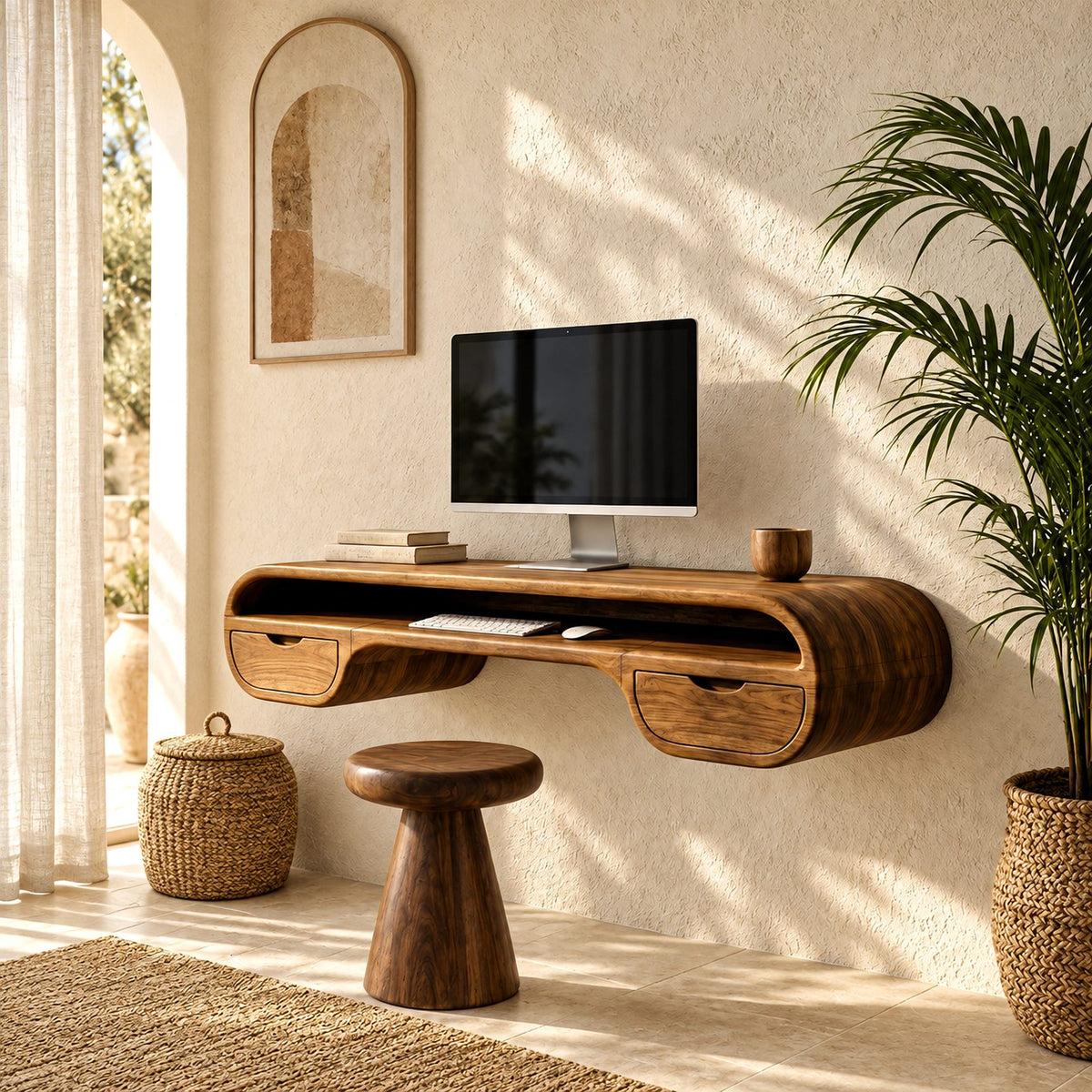 Retro Curved Wooden Floating Desk With 2 Drawers For Home Office