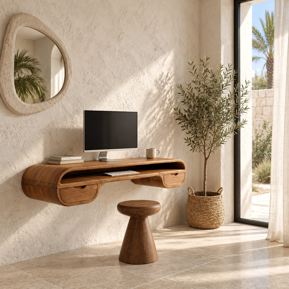 Retro Curved Wooden Floating Desk With 2 Drawers For Home Office