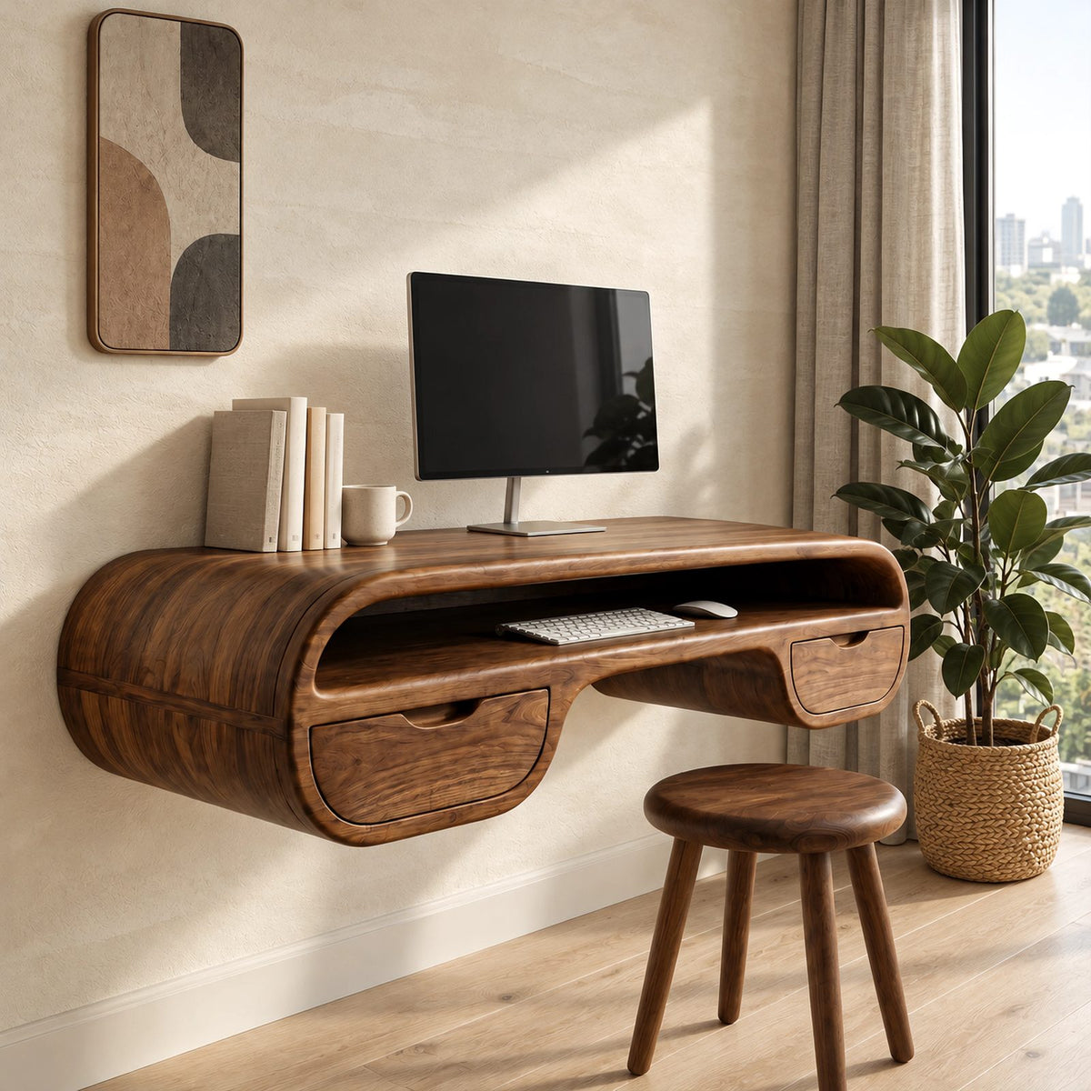 Retro Curved Wooden Floating Desk With 2 Drawers For Home Office