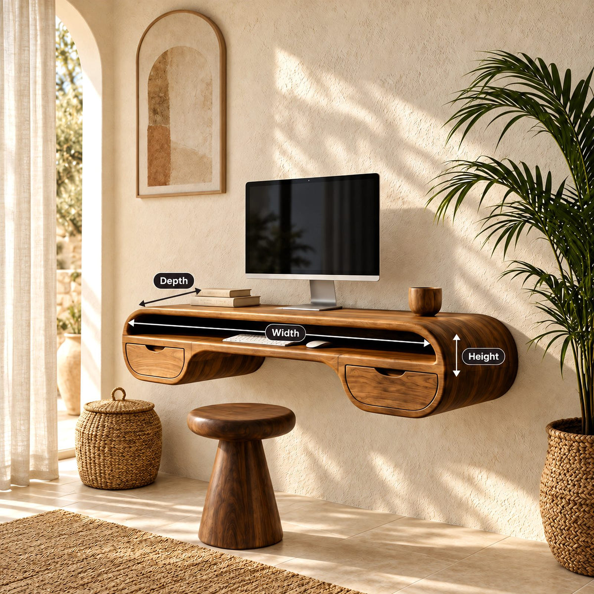Retro Curved Wooden Floating Desk With 2 Drawers For Home Office