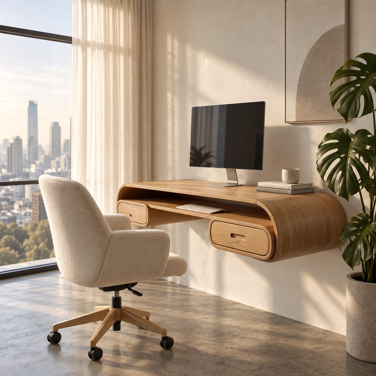 Minimalist Curved Wall Mounted Desk With Open Cubby For Home Office