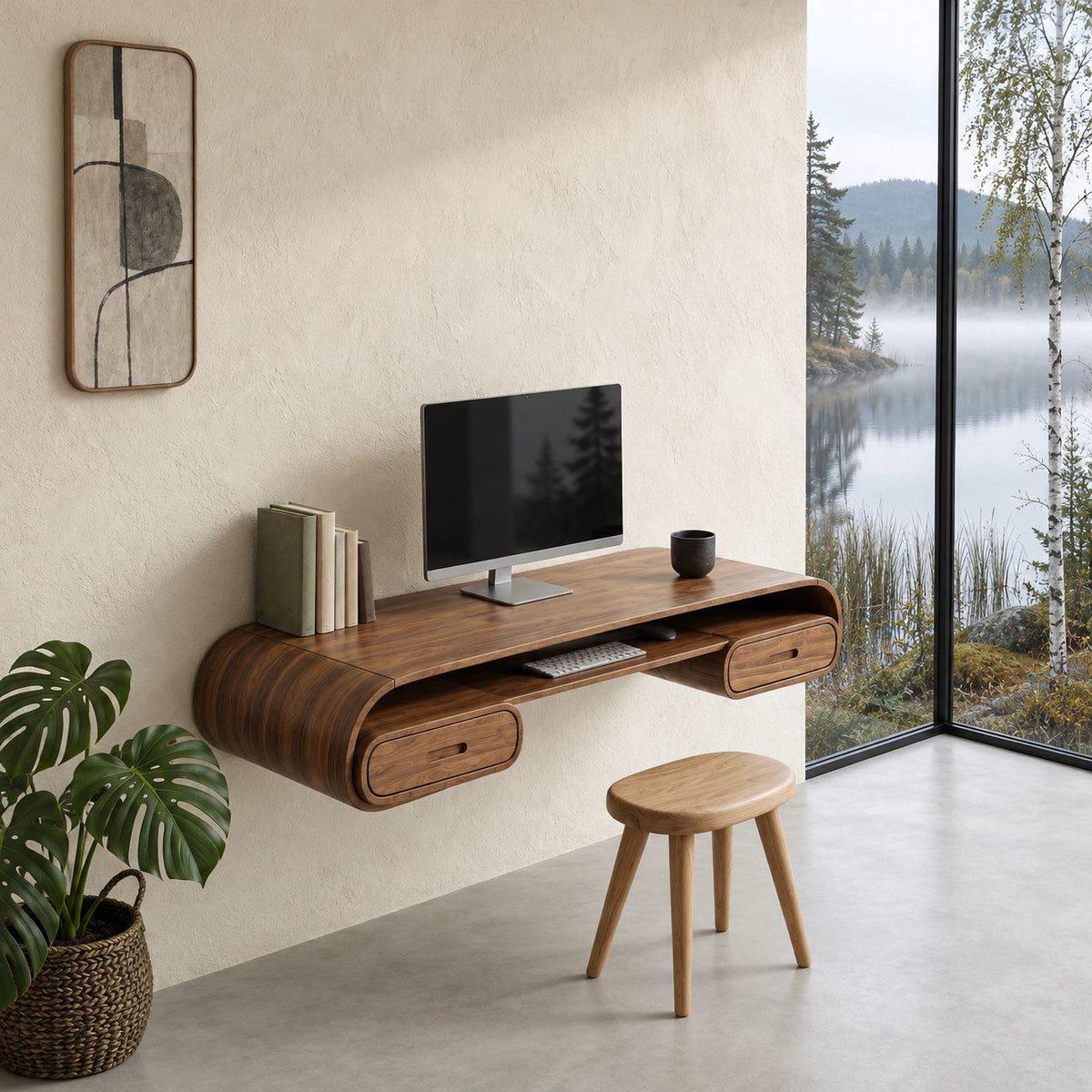 Minimalist Curved Wall Mounted Desk With Open Cubby For Home Office