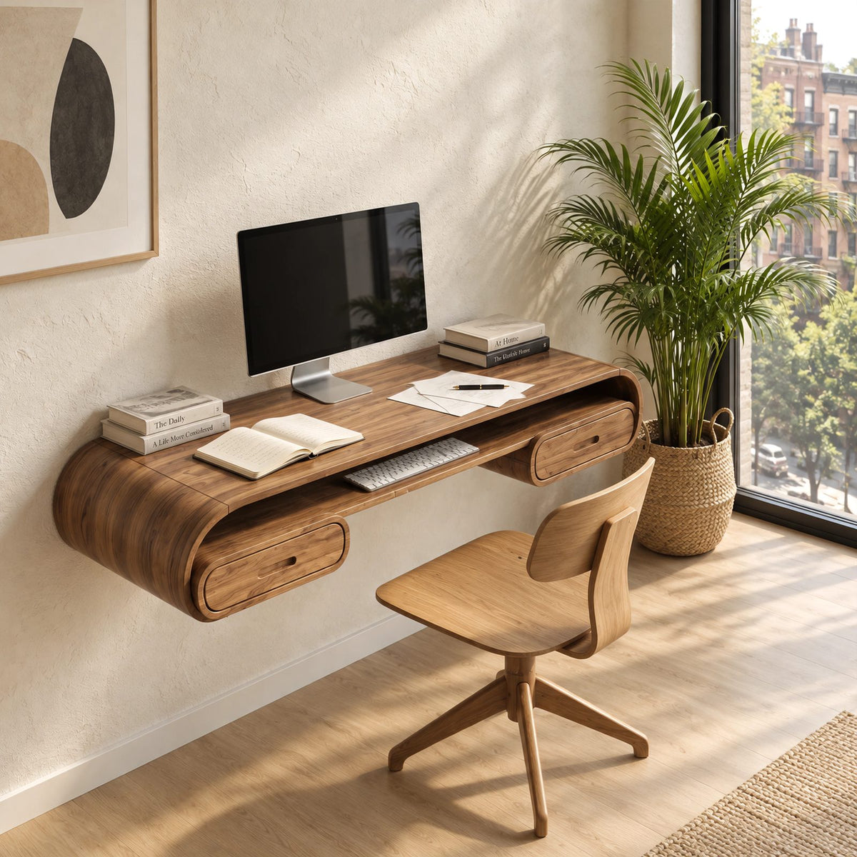 Minimalist Curved Wall Mounted Desk With Open Cubby For Home Office