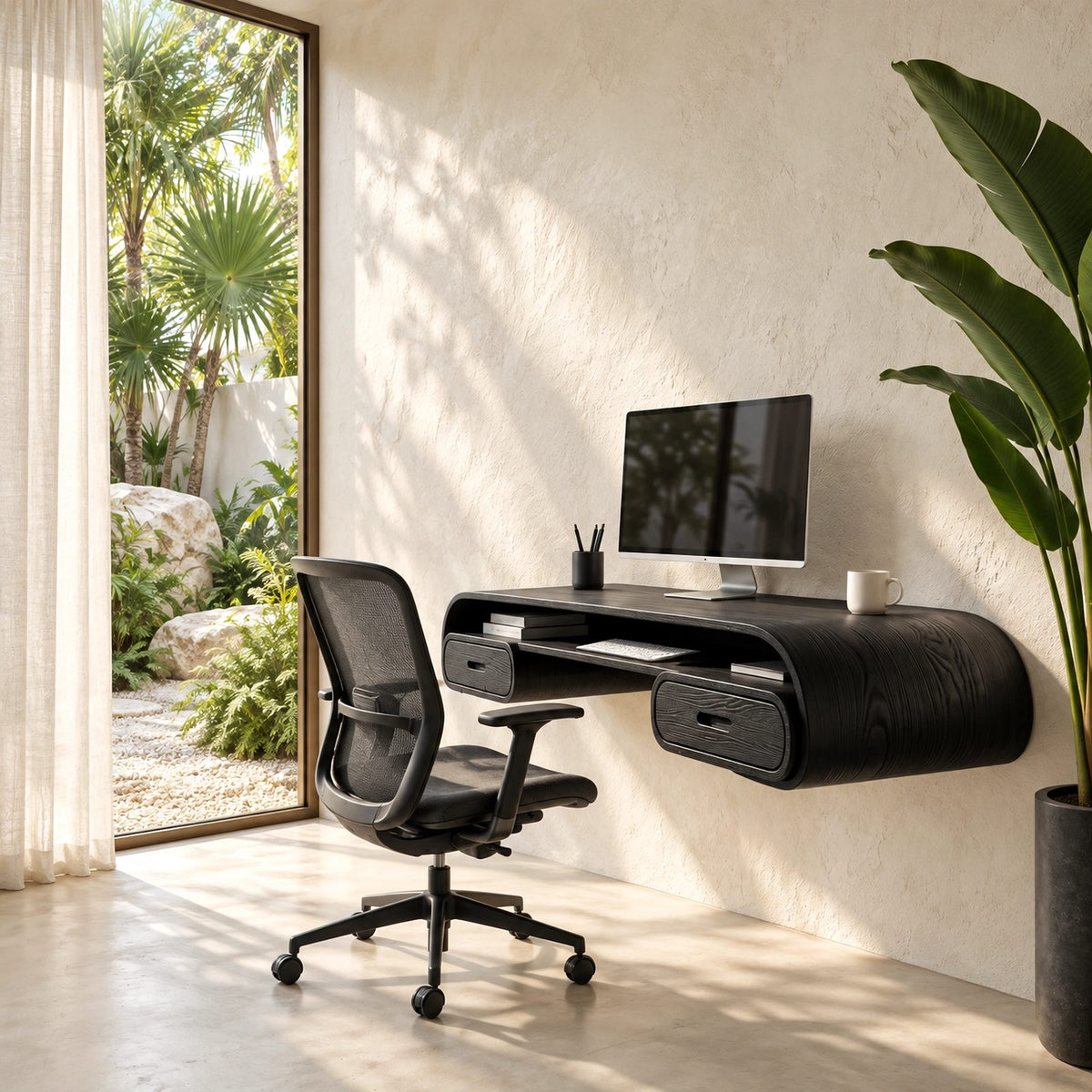 Minimalist Curved Wall Mounted Desk With Open Cubby For Home Office