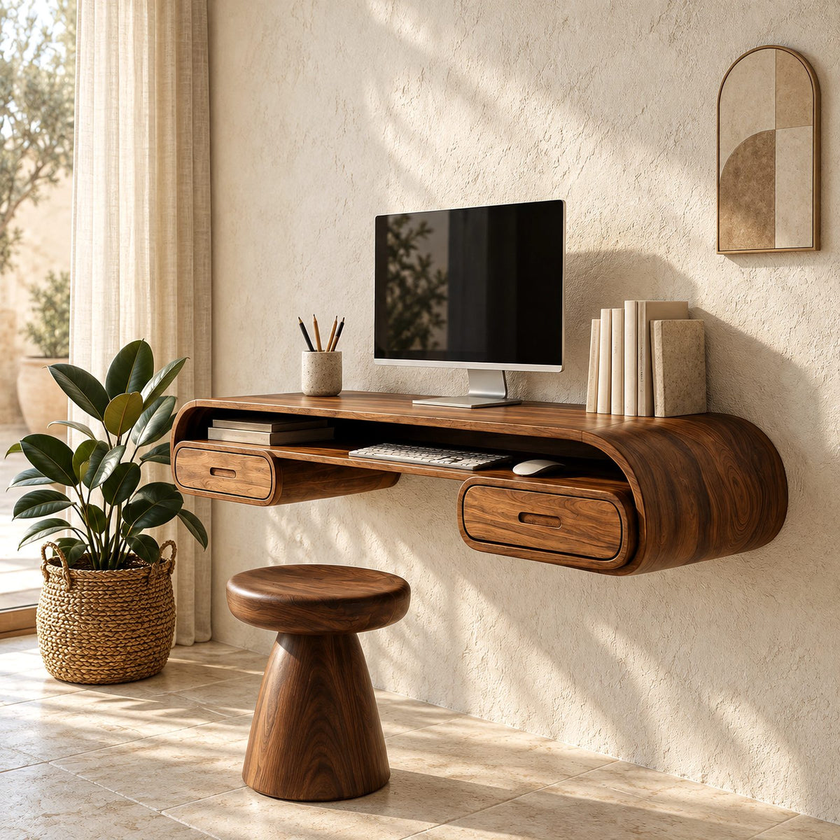 Minimalist Curved Wall Mounted Desk With Open Cubby For Home Office