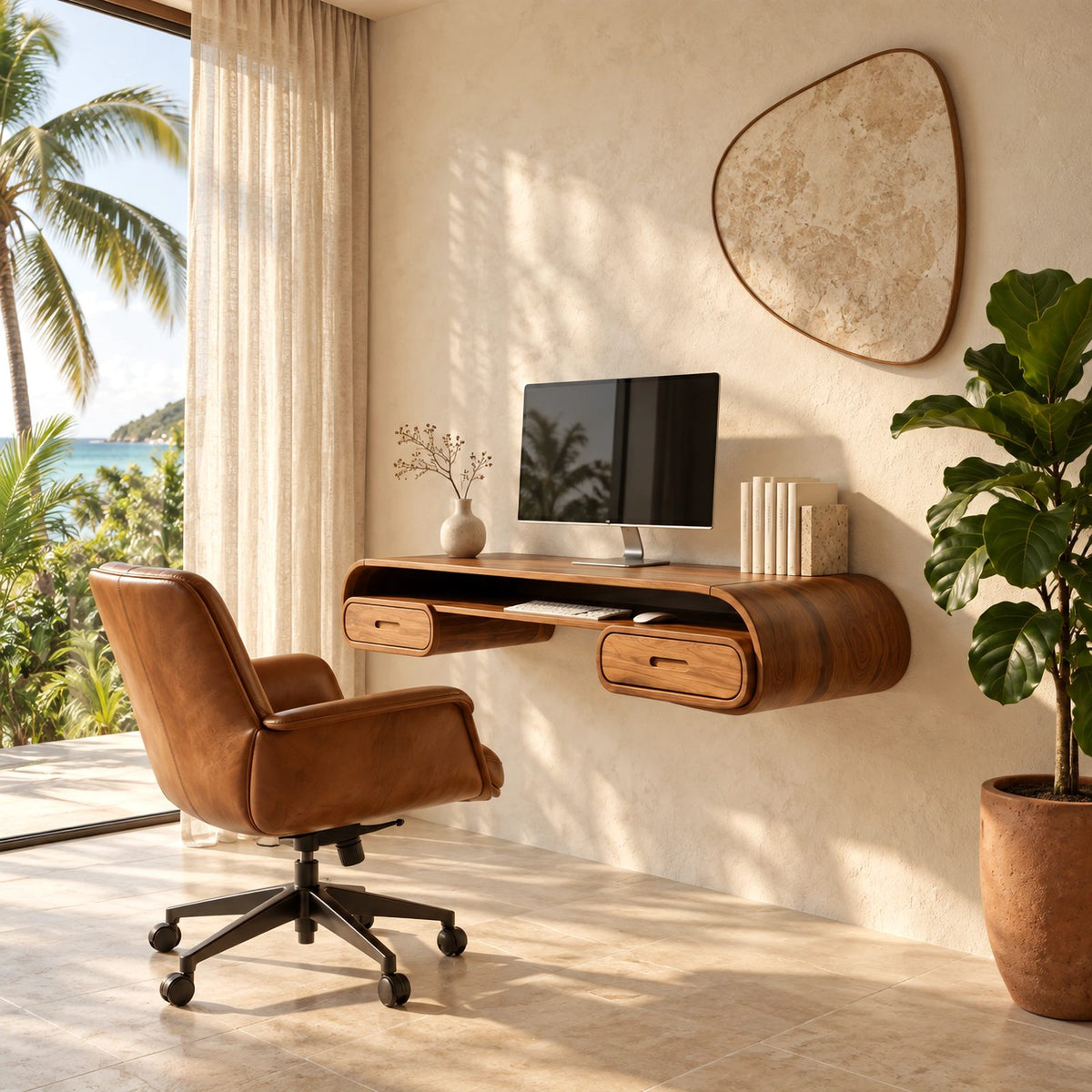 Minimalist Curved Wall Mounted Desk With Open Cubby For Home Office