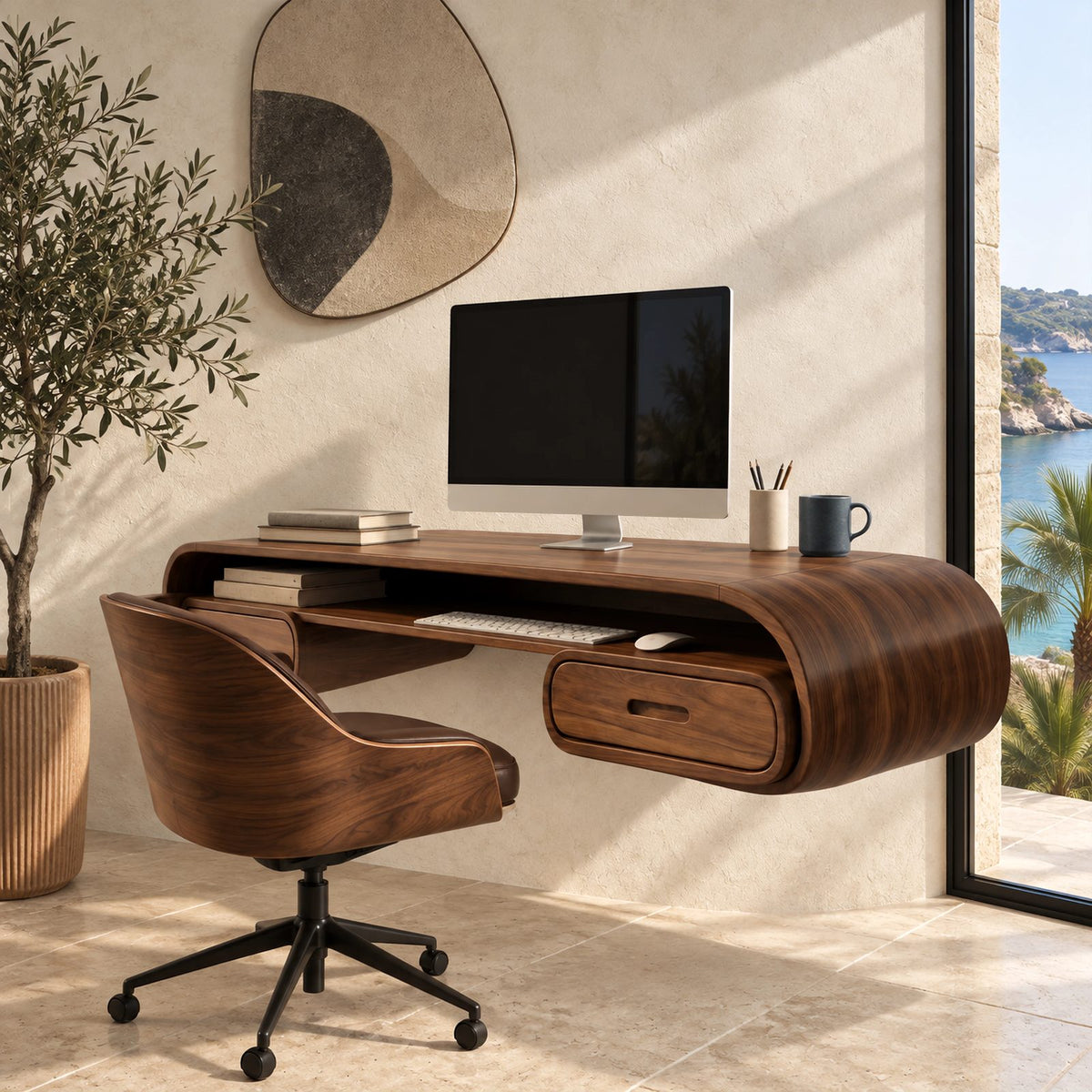 Minimalist Curved Wall Mounted Desk With Open Cubby For Home Office