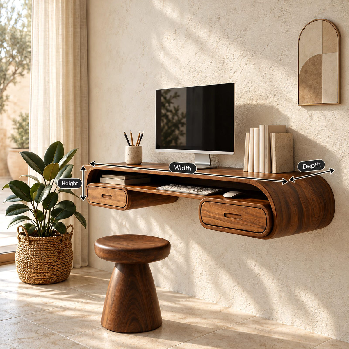 Minimalist Curved Wall Mounted Desk With Open Cubby For Home Office