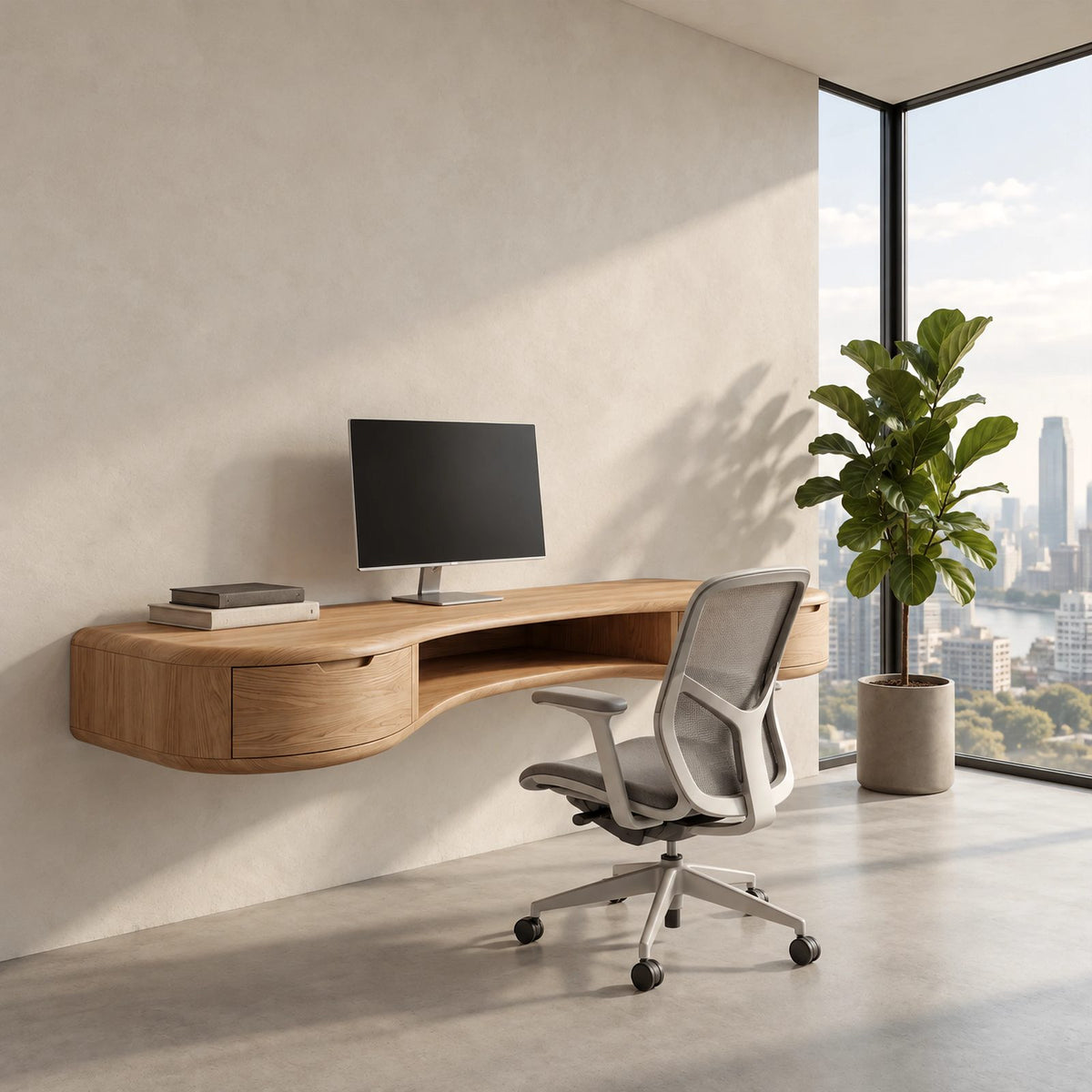 Sleek Wave Front Floating Desk With Storage Drawer For Home Office
