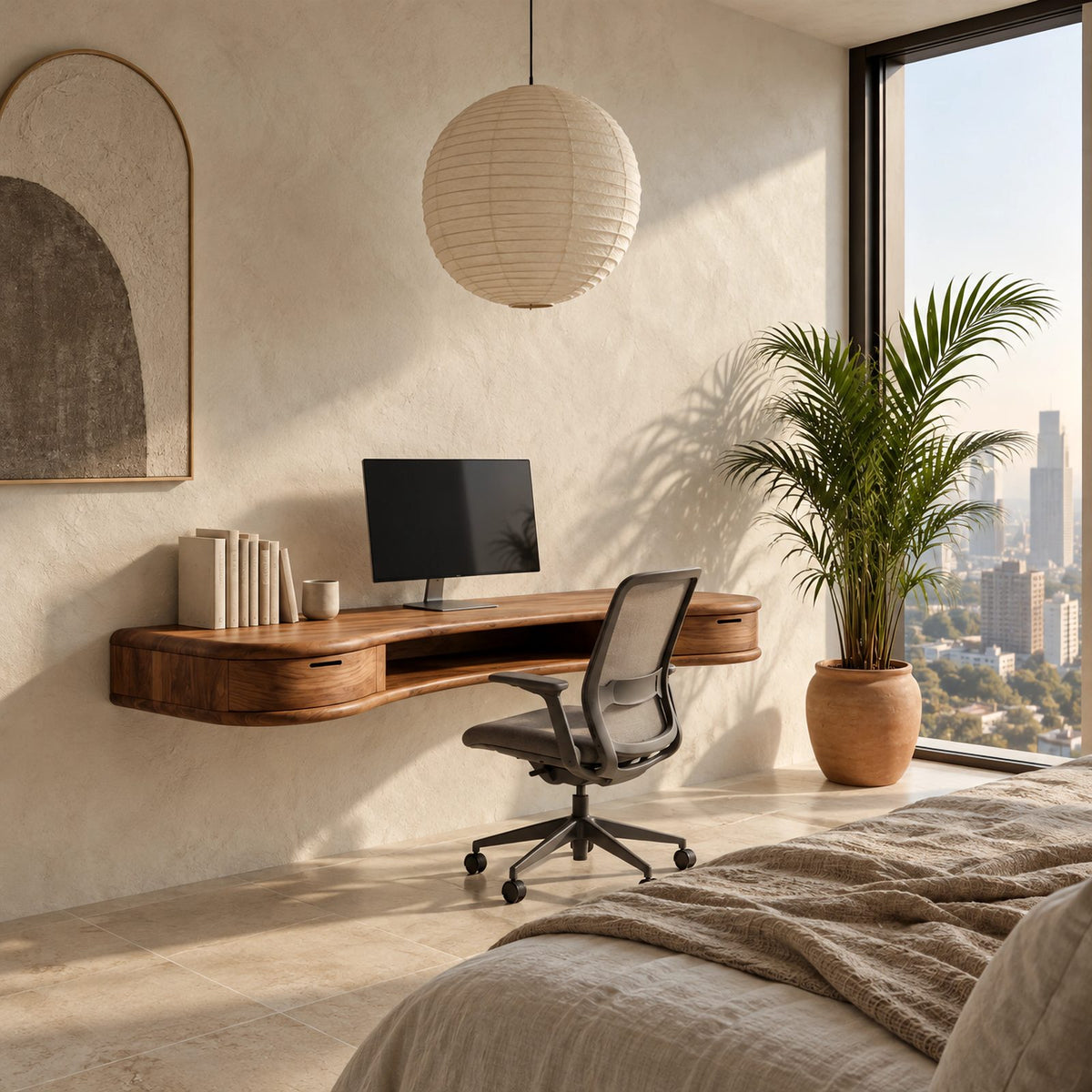 Sleek Wave Front Floating Desk With Storage Drawer For Home Office