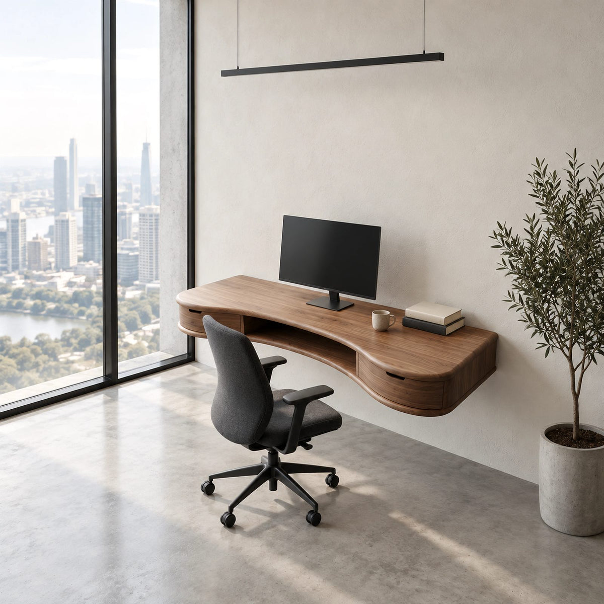 Sleek Wave Front Floating Desk With Storage Drawer For Home Office
