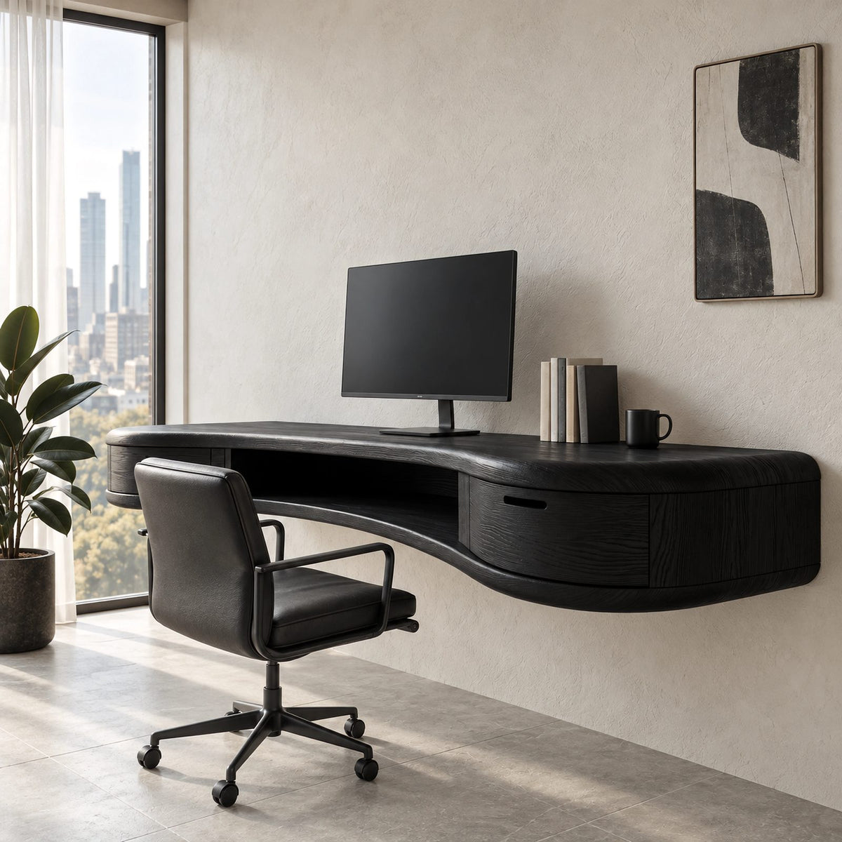 Sleek Wave Front Floating Desk With Storage Drawer For Home Office