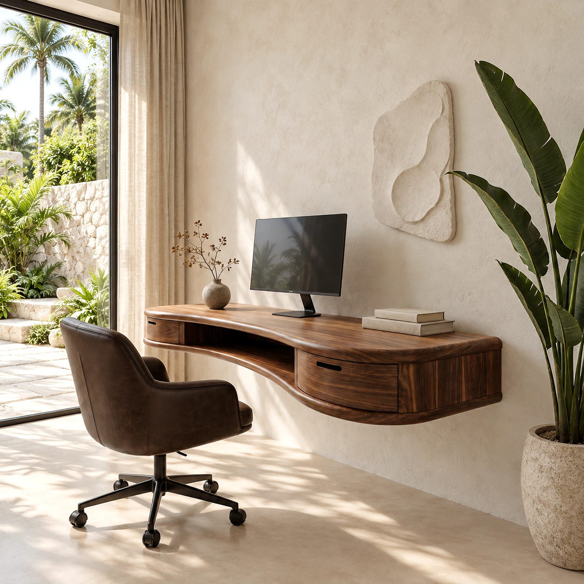 Sleek Wave Front Floating Desk With Storage Drawer For Home Office