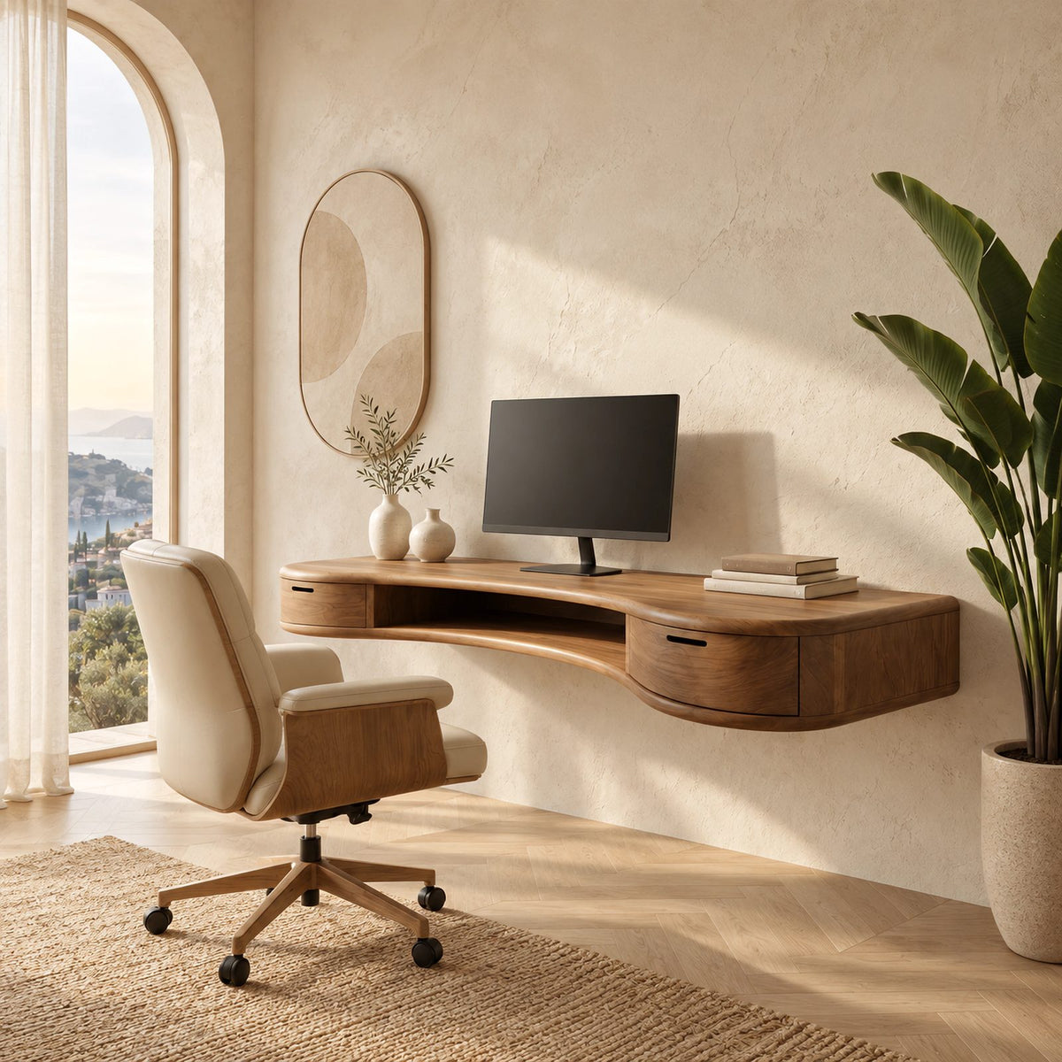 Sleek Wave Front Floating Desk With Storage Drawer For Home Office