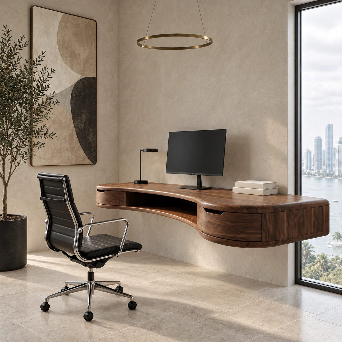 Sleek Wave Front Floating Desk With Storage Drawer For Home Office