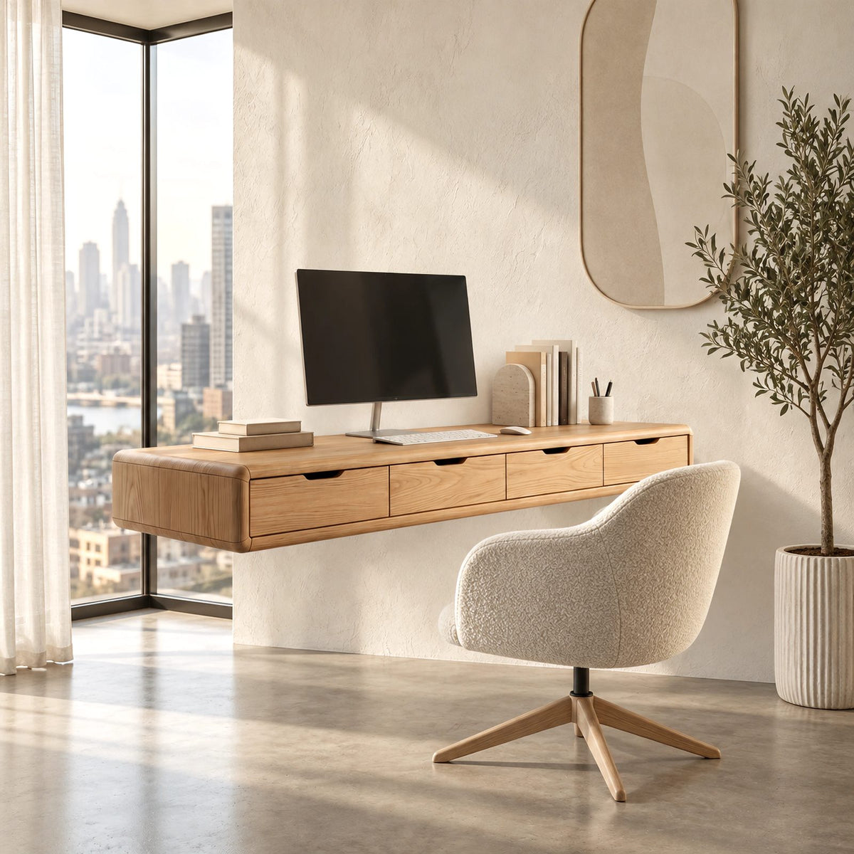 Scandinavian Floating Desk With Cubby Wall Shelves For Home Office