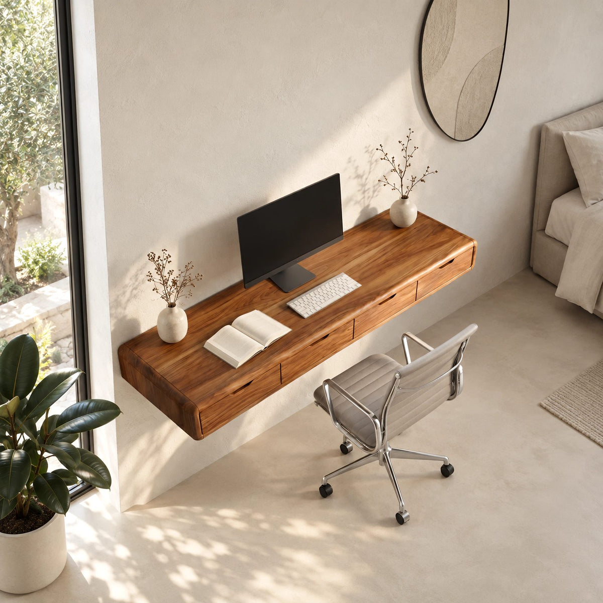 Scandinavian Floating Desk With Cubby Wall Shelves For Home Office