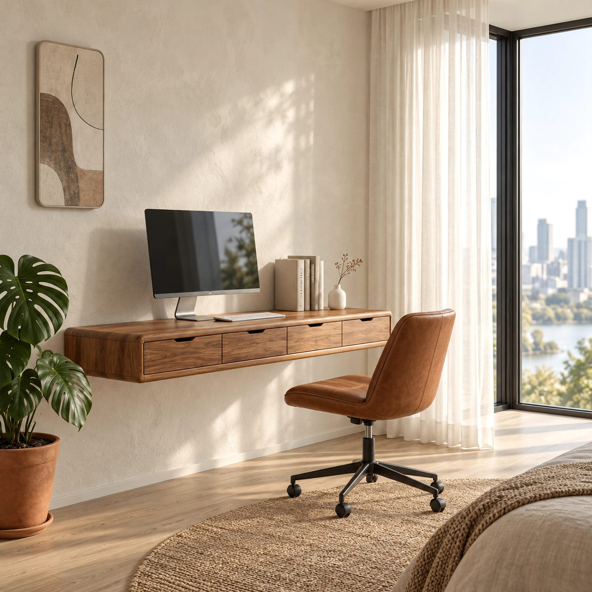 Scandinavian Floating Desk With Cubby Wall Shelves For Home Office