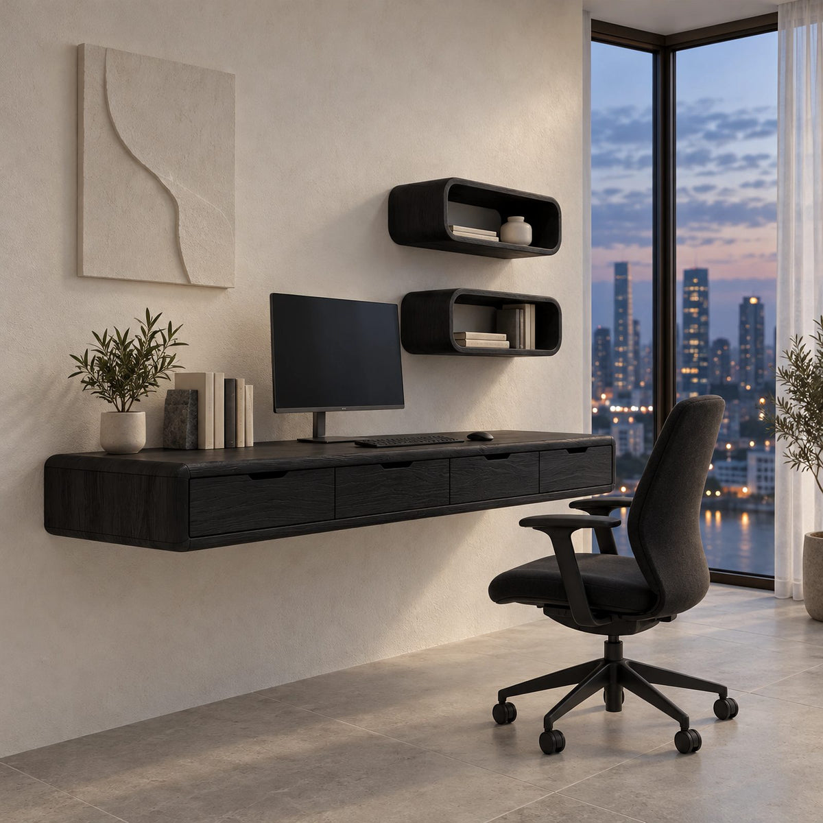 Scandinavian Floating Desk With Cubby Wall Shelves For Home Office