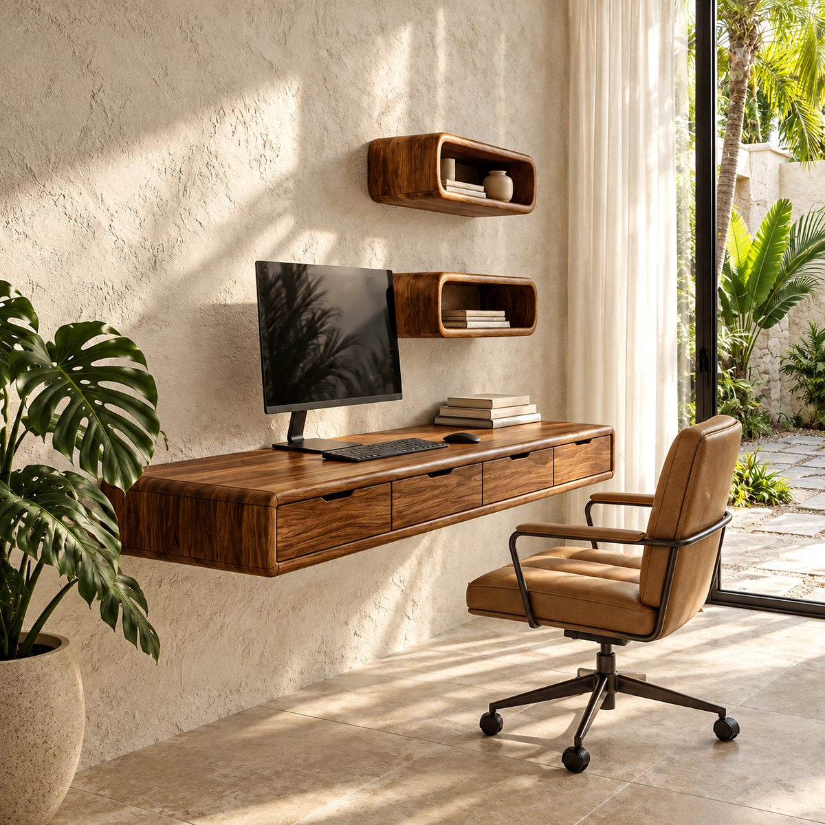 Scandinavian Floating Desk With Cubby Wall Shelves For Home Office