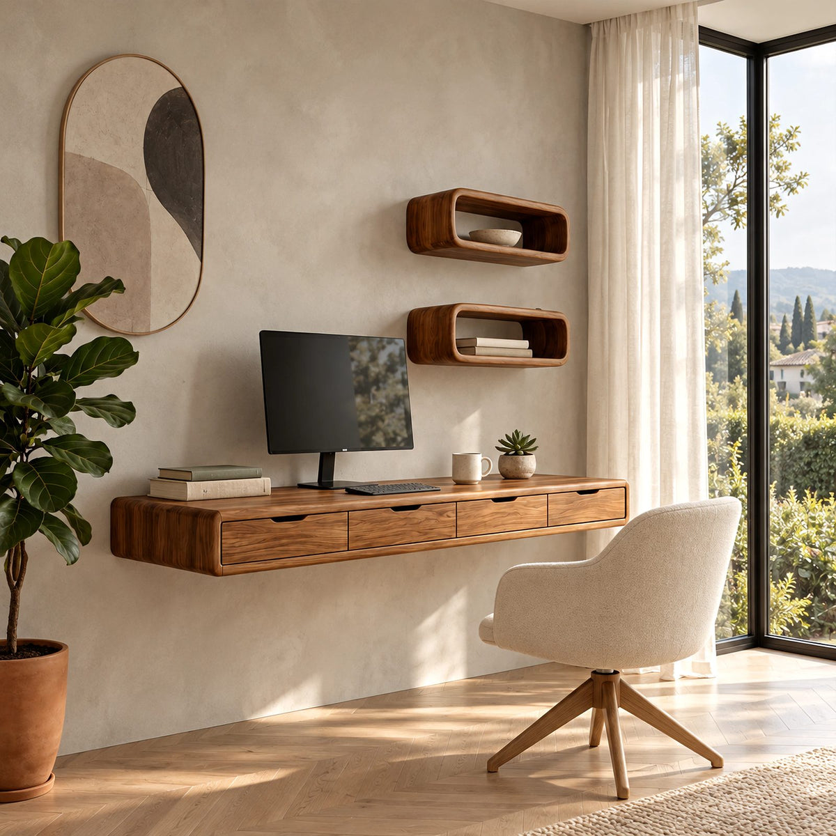 Scandinavian Floating Desk With Cubby Wall Shelves For Home Office