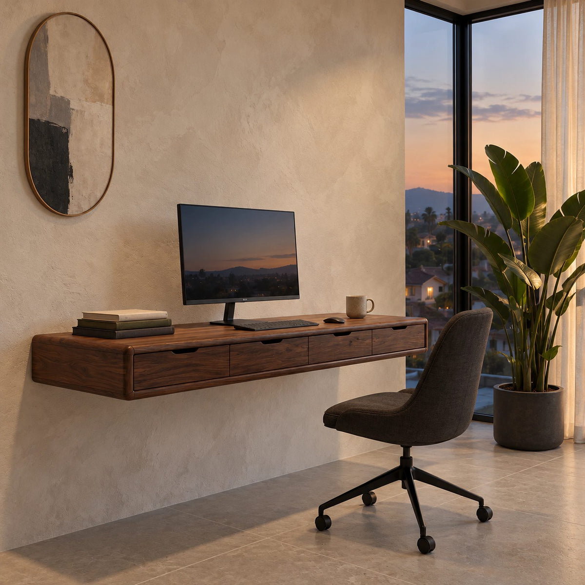 Scandinavian Floating Desk With Cubby Wall Shelves For Home Office