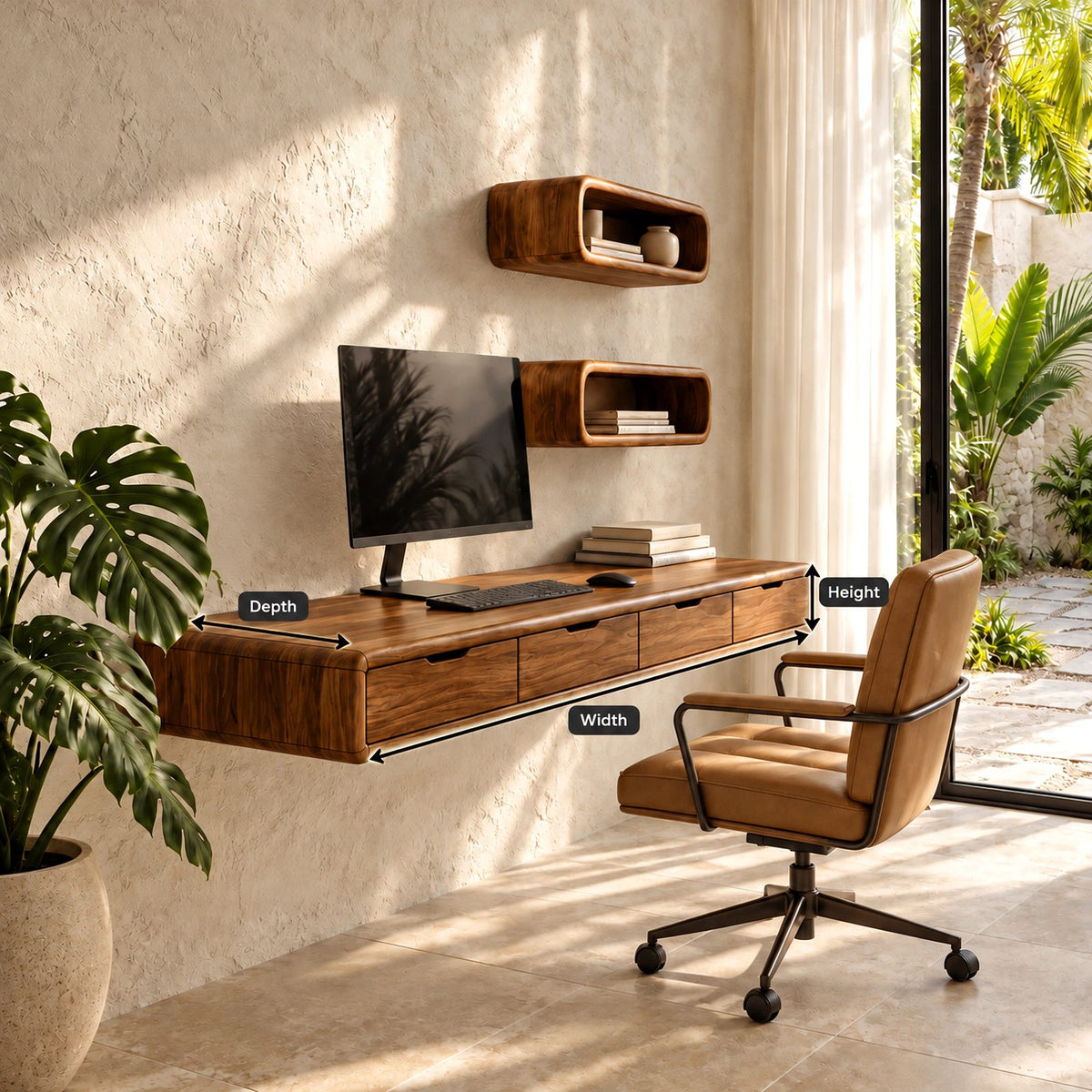 Scandinavian Floating Desk With Cubby Wall Shelves For Home Office