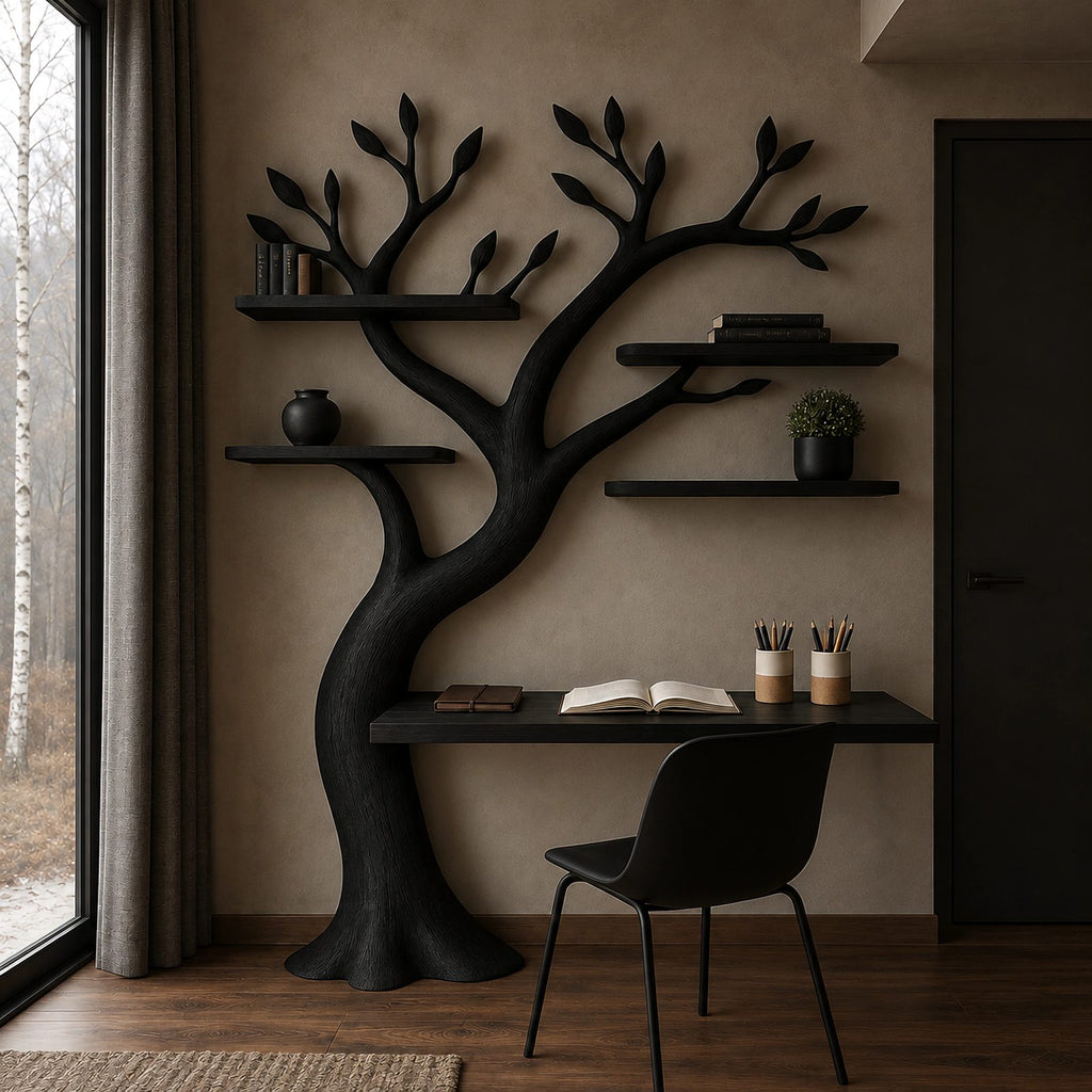 Artisan Tree Bookshelf Desk With Carved Branches For Home Office