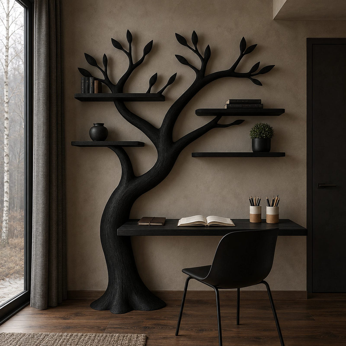 Artisan Tree Bookshelf Desk With Carved Branches For Home Office