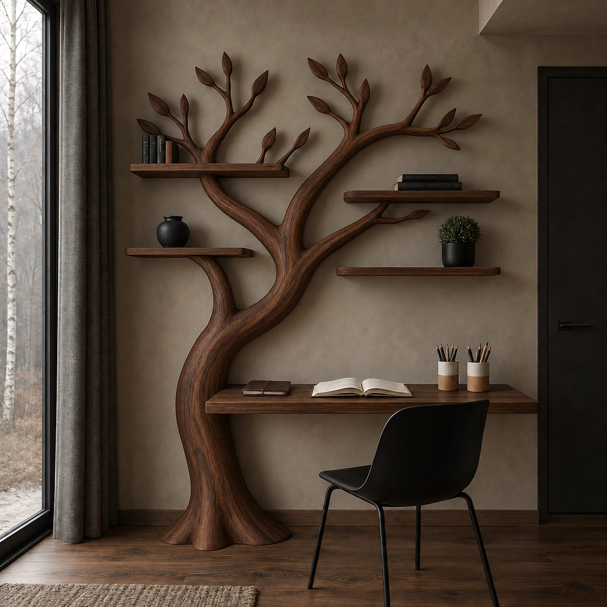 Artisan Tree Bookshelf Desk With Carved Branches For Home Office