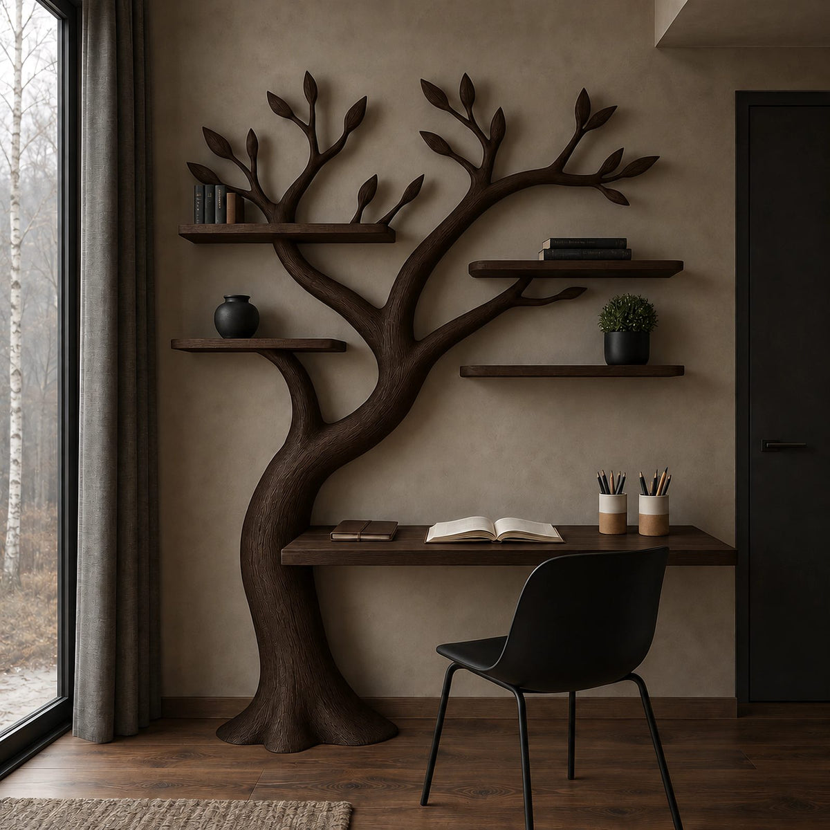 Artisan Tree Bookshelf Desk With Carved Branches For Home Office