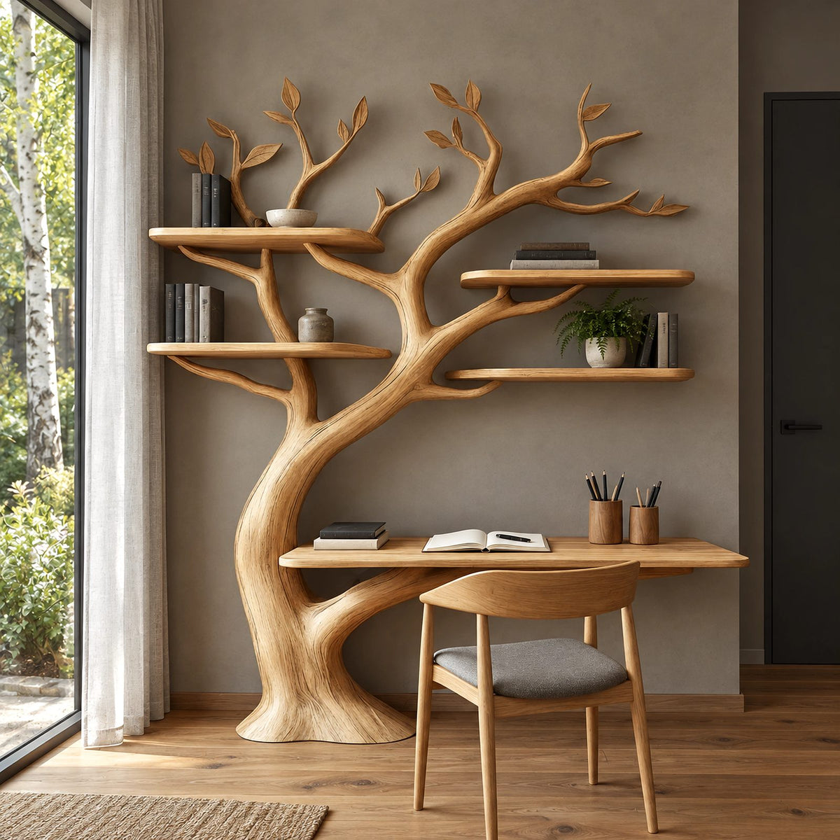 Handcrafted Tree Shelf Wall Desk With 4 Floating Shelves For Bedroom