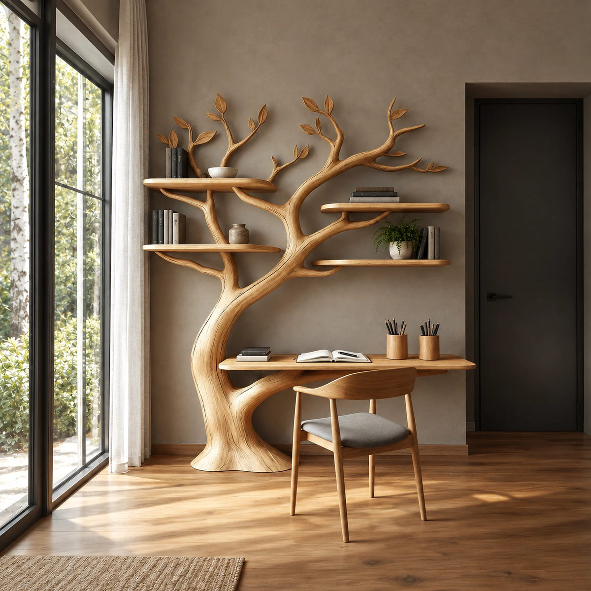 Handcrafted Tree Shelf Wall Desk With 4 Floating Shelves For Bedroom