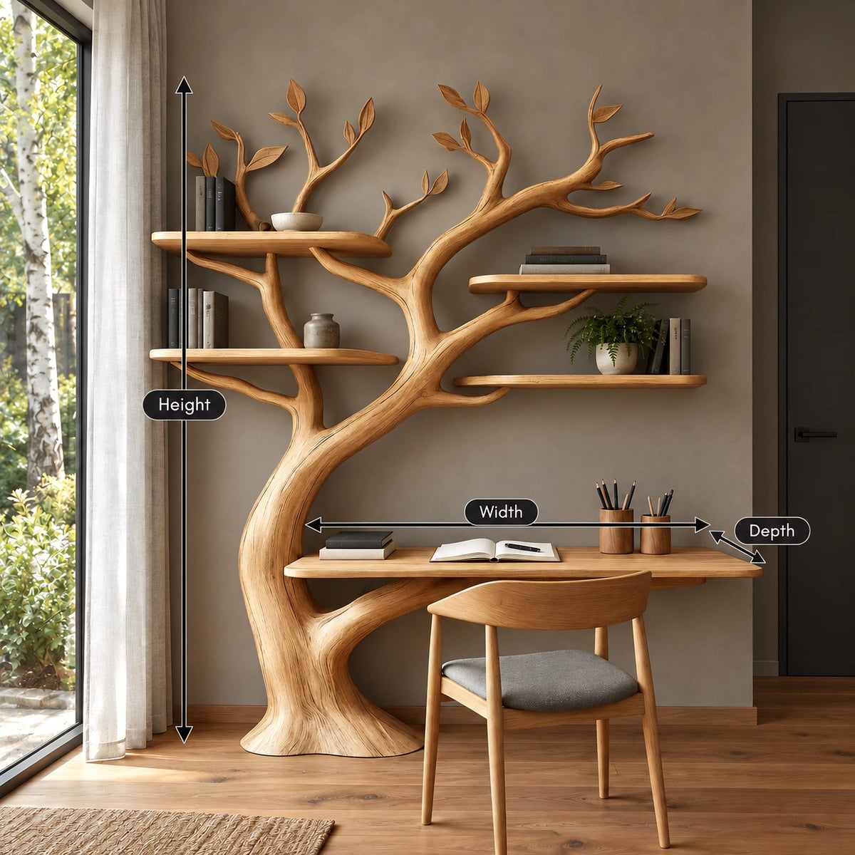 Handcrafted Tree Shelf Wall Desk With 4 Floating Shelves For Bedroom