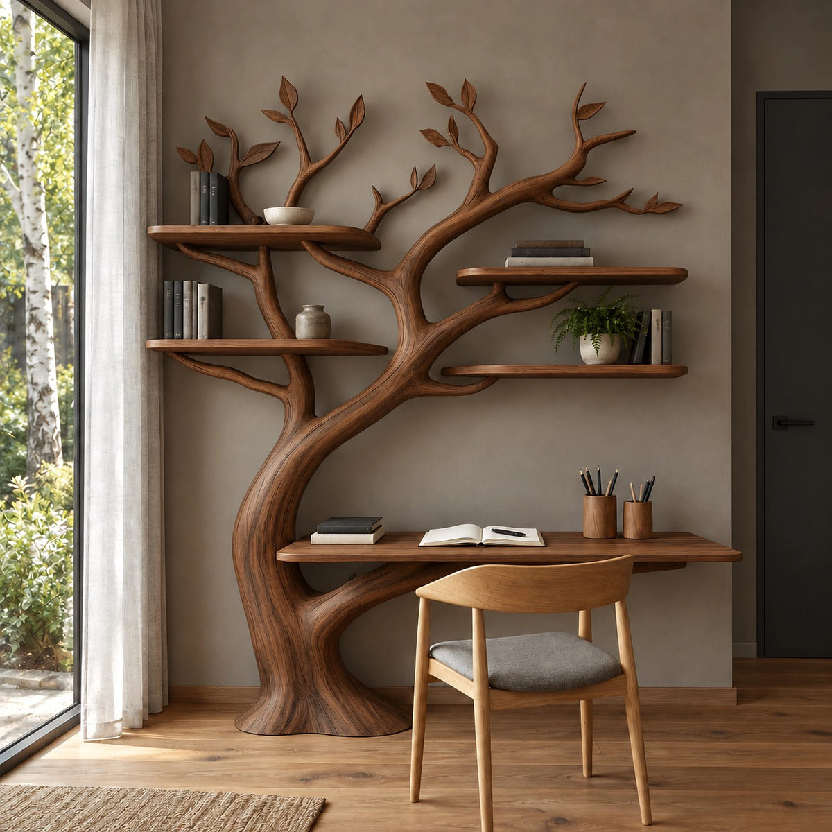 Handcrafted Tree Shelf Wall Desk With 4 Floating Shelves For Bedroom