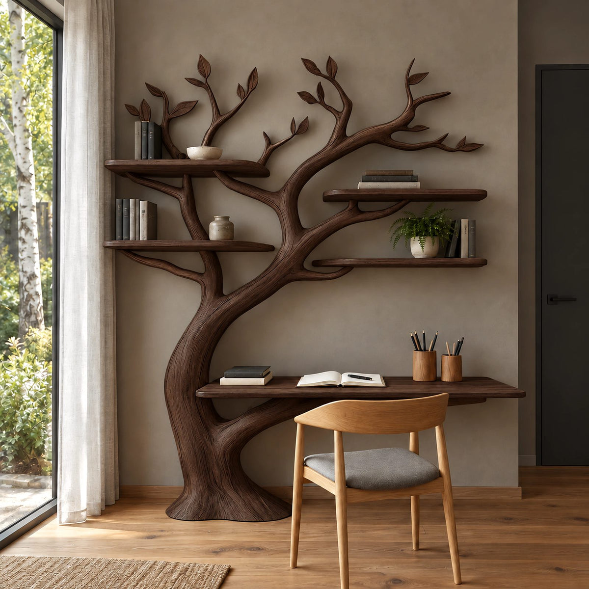 Handcrafted Tree Shelf Wall Desk With 4 Floating Shelves For Bedroom