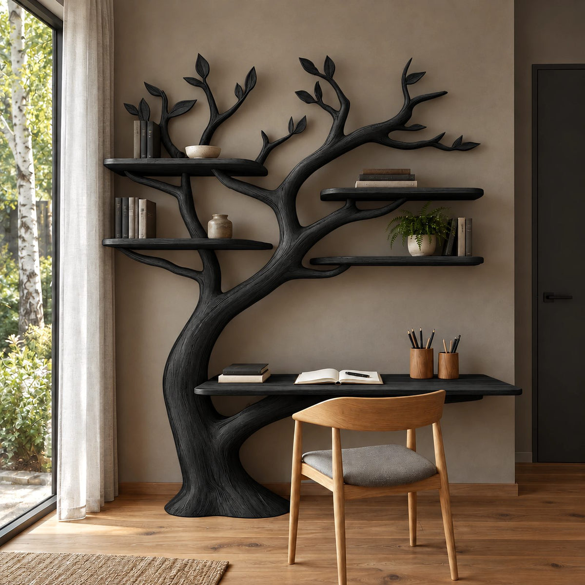 Handcrafted Tree Shelf Wall Desk With 4 Floating Shelves For Bedroom