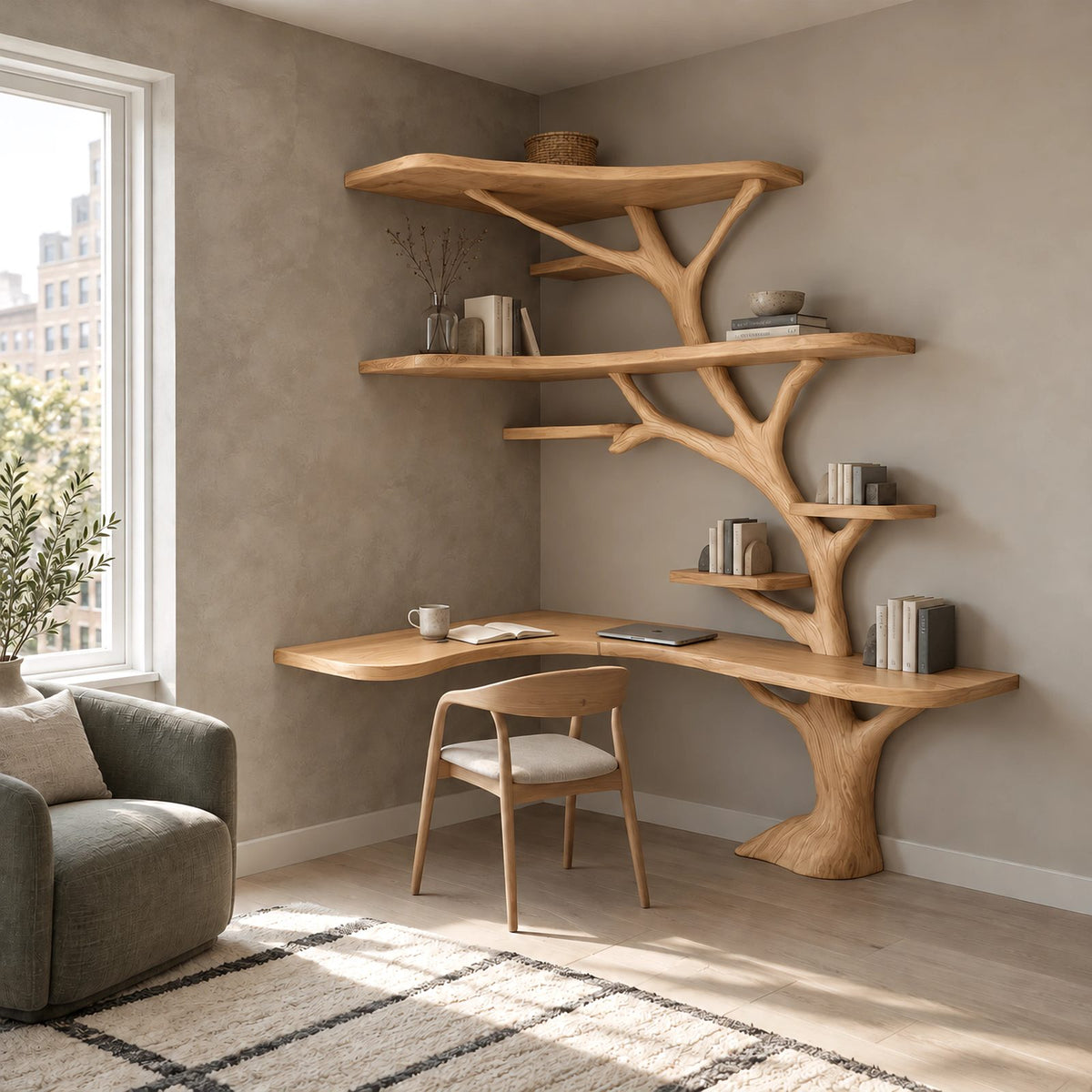 Rustic L Shaped Branch Bookshelf Desk With Live Edge Shelves For Home Office