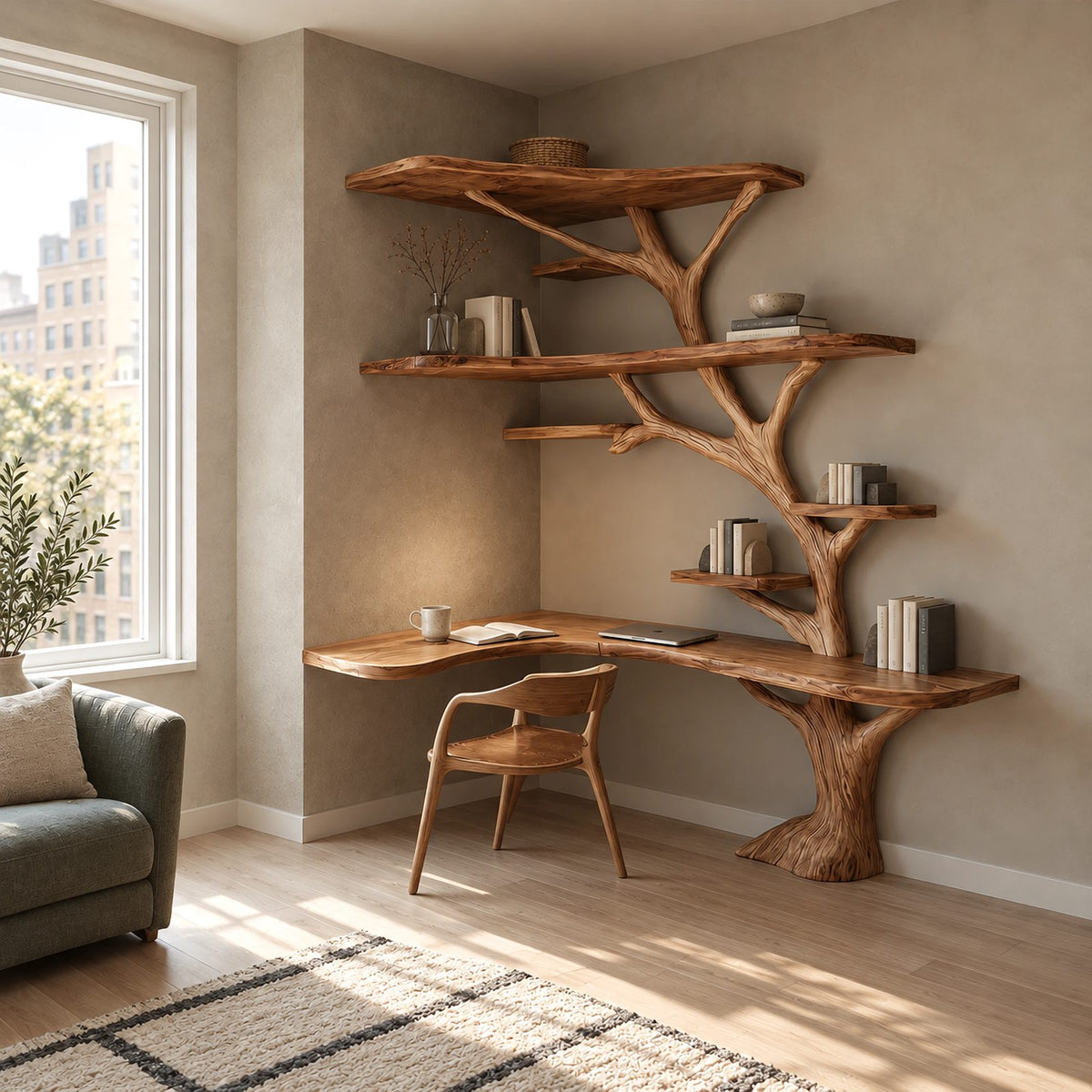 Rustic L Shaped Branch Bookshelf Desk With Live Edge Shelves For Home Office