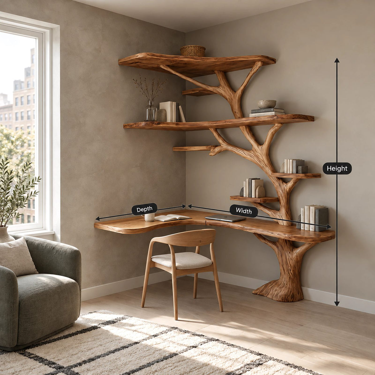 Rustic L Shaped Branch Bookshelf Desk With Live Edge Shelves For Home Office