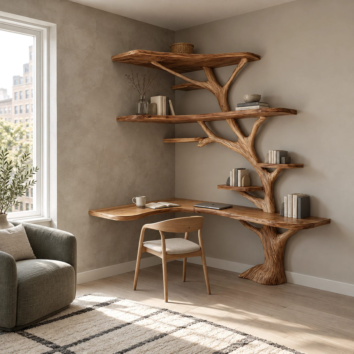 Rustic L Shaped Branch Bookshelf Desk With Live Edge Shelves For Home Office