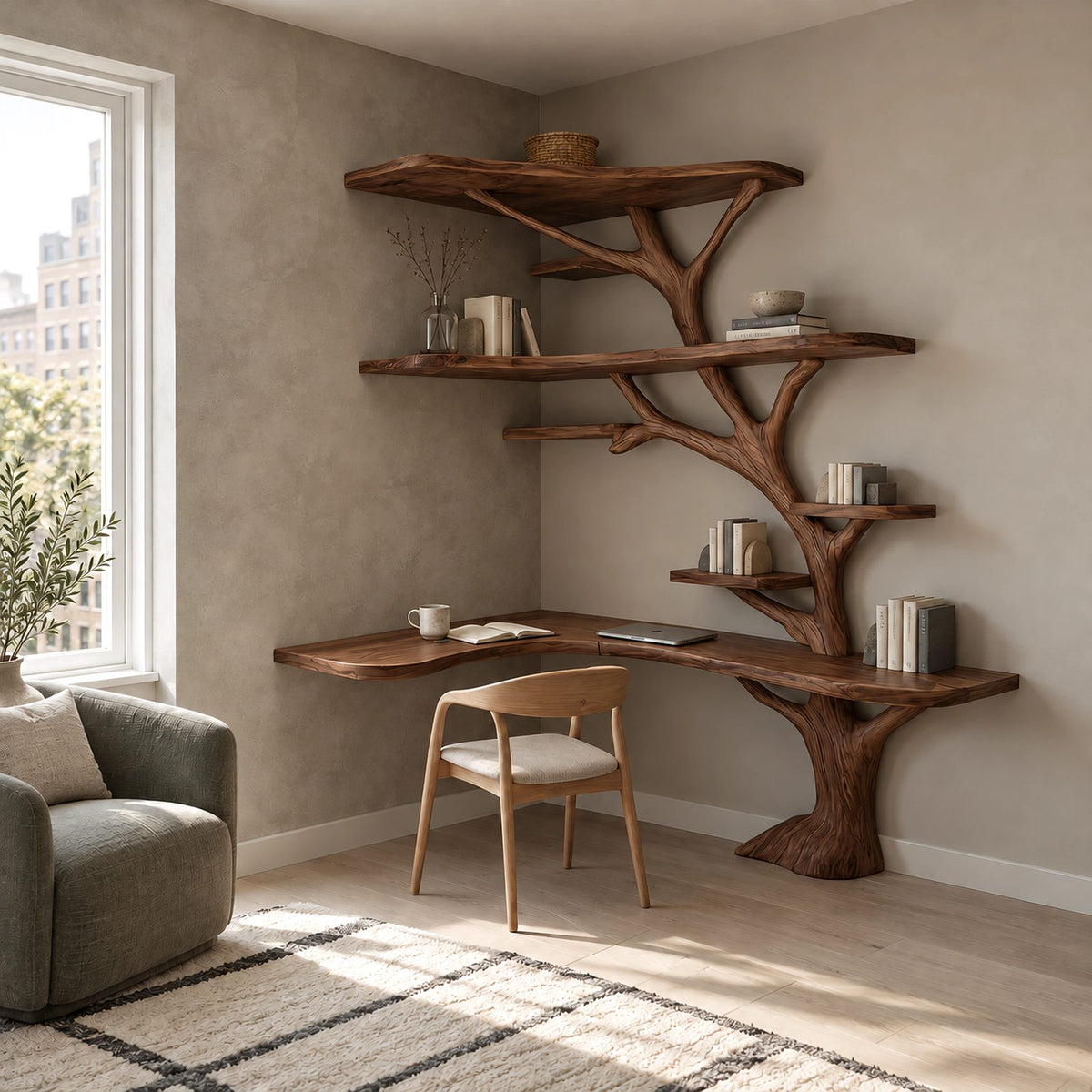 Rustic L Shaped Branch Bookshelf Desk With Live Edge Shelves For Home Office
