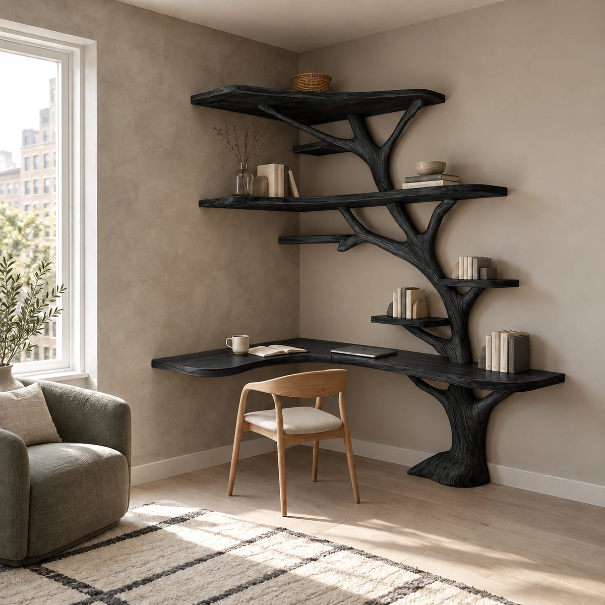 Rustic L Shaped Branch Bookshelf Desk With Live Edge Shelves For Home Office